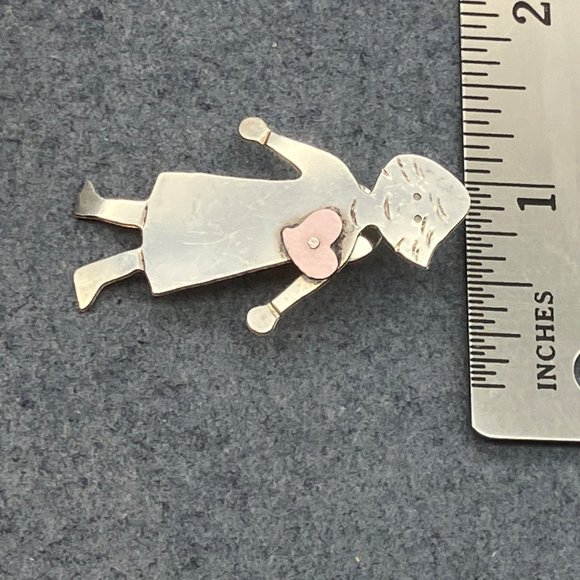 JO Girl Heart Pin Brooch As Is Tack Lapel Tie Sterling Silver Matte Pink Signed - Picture 8 of 8